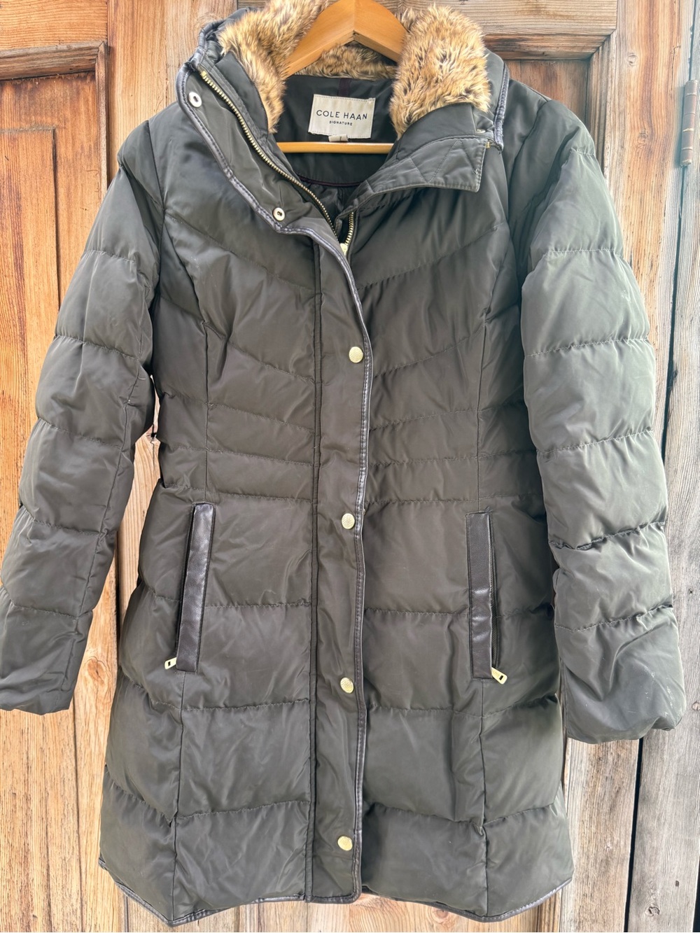 Cole Haan Olive Green Quilted Puffer Coat with Faux Fur Hood